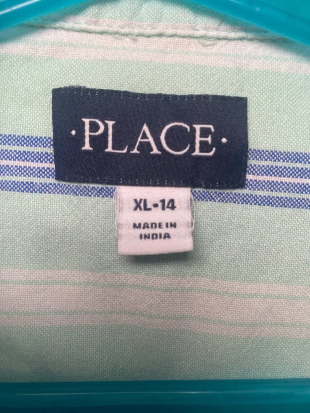 The Children's Place Striped Button-Up Shirt Boys XL (14) Mint Blue Short Sleeve